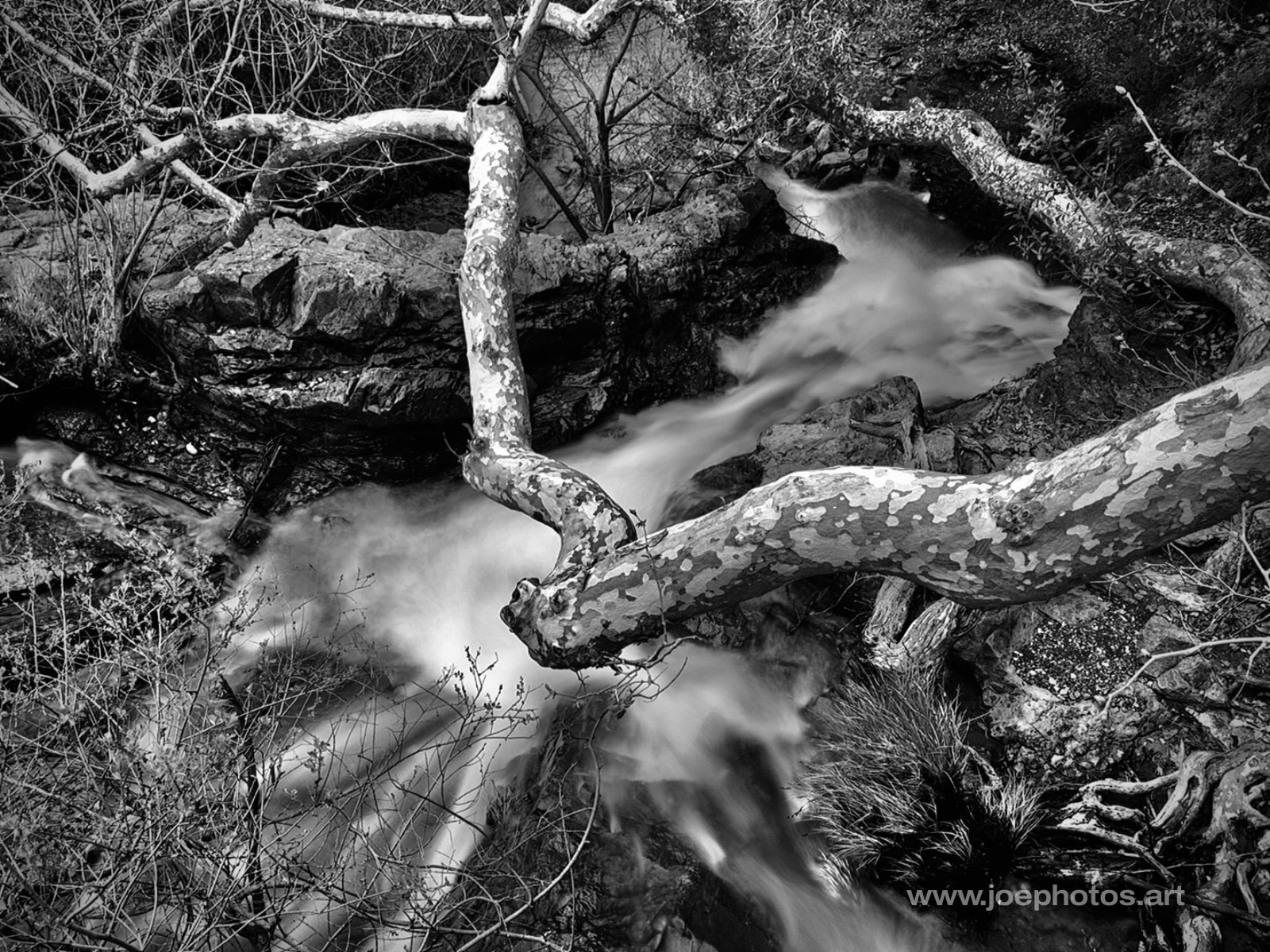 Monochrome abstract long exposure rushing creek.